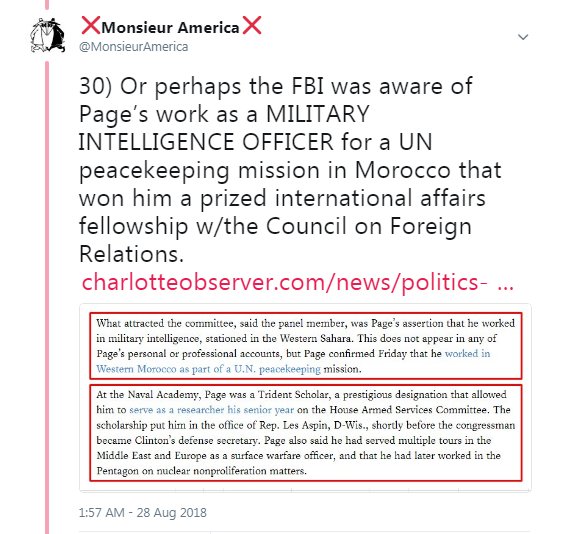 93) I of IX: Both Carter Page & Felix Sater worked for Military Intelligence. The military work was initial, and preceded their later work with FBI. https://twitter.com/MonsieurAmerica/status/1034364344698515456 https://twitter.com/MonsieurAmerica/status/1034953237143506945