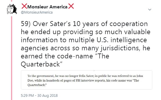 95) III of IX: Both Carter Page & Felix Sater’s “work” for FBI has been “verified”/acknowledged by the Federal Government.  https://twitter.com/MonsieurAmerica/status/1034363726164516864 https://twitter.com/MonsieurAmerica/status/1035323550037553152