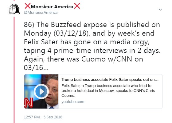 96) IV of IX: Both Carter Page & Felix Sater went on one-man media-tour of interviews, purportedly in their own limited self-interest, immediately after being outed as Federal assets of the highest order.  https://twitter.com/Missy_America/status/966223940539396096 https://twitter.com/MonsieurAmerica/status/1037429498512171008