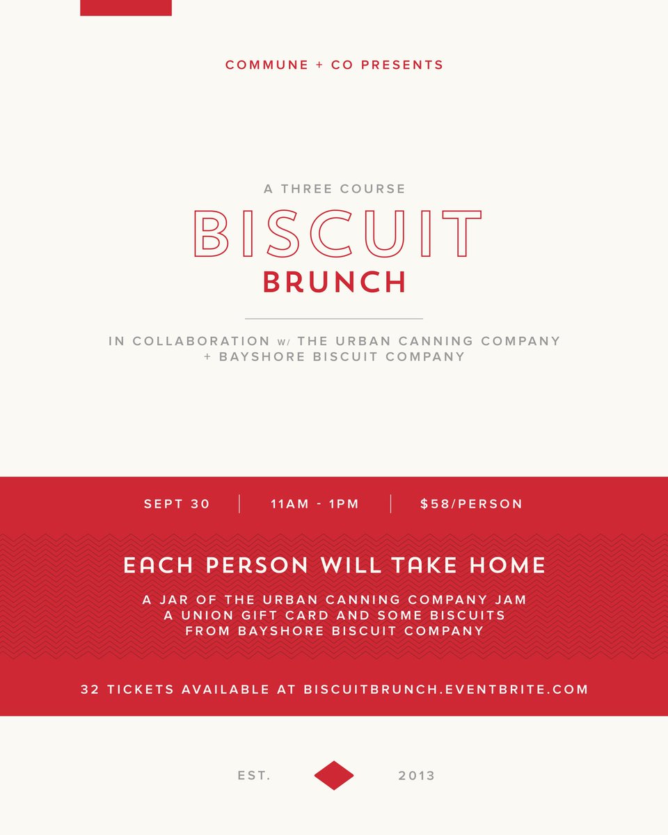 In collaboration w/ <a href="/UrbanCanningCo/">Illene Sofranko</a> and Bayshore Biscuit Co, we are hosting a biscuit brunch with coffee, tea, and wine pairings at Armature Works. You will also take home a jar of jam, a <a href="/uniontpa/">Union by Commune + Co.</a> gift card and some biscuits. Seating is limited. biscuitbrunch.eventbrite.com