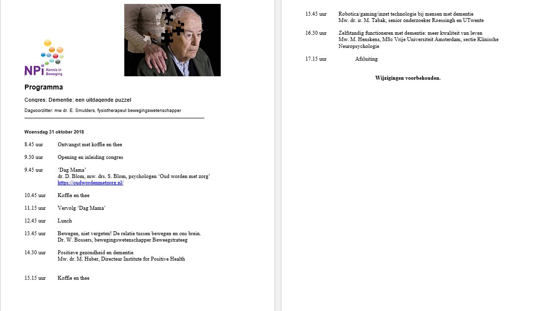 FransLantingNPi's tweet photo. Het #NPi congres #Dementie ;een uitdagende puzzel is geaccrediteerd voor het register algemeen fysiotherapie, #geriatriefysiotherapie en voor @KEURMERKFYSIO met 6 punten. https://t.co/oDn2TsnnrS @paramedisch #NVFG https://t.co/1AfMOJieRm