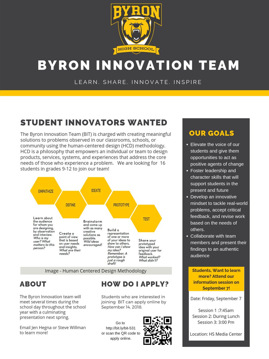 jenhegna's tweet photo. YES!   #ByronBears Student innovators wanted!  I won't lie - I am pretty excited about this!   Emails sent to all HS Parents and students today!!!!  The application is NOW OPEN!  Idea inspired by @mcdowell_bob @nsnedden and their students! #designthinking https://t.co/Jf3z9EaFuP