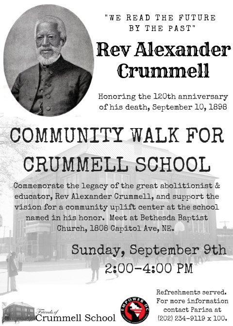 It's no mistake that the historic Black cmty of Ivy City founded in 1872 named their school after the great abolitionist Rev Alexander Crummell.  Join us this Sunday to walk the cmty and learn that history as we honor Crummell on the eve of the 120th anniversary of his passing!