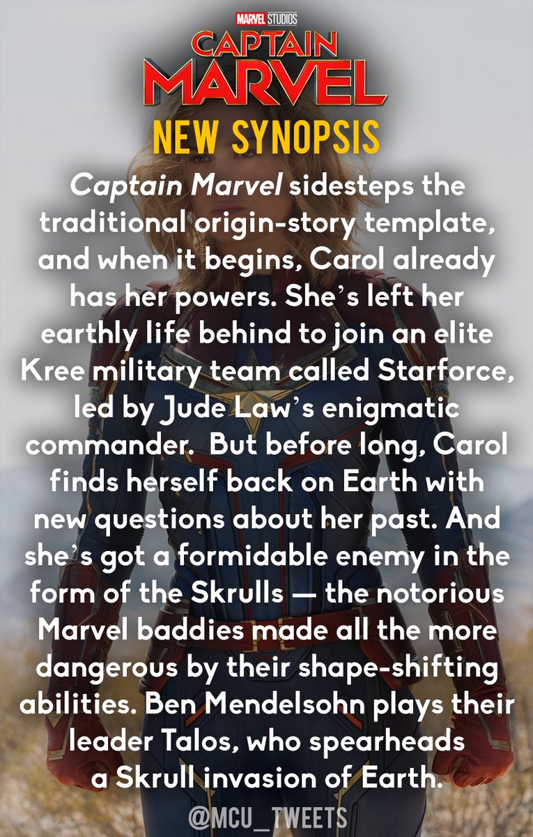 MCU_Direct's tweet image. Here's the newly-released CAPTAIN MARVEL movie synopsis:

(via @EW)