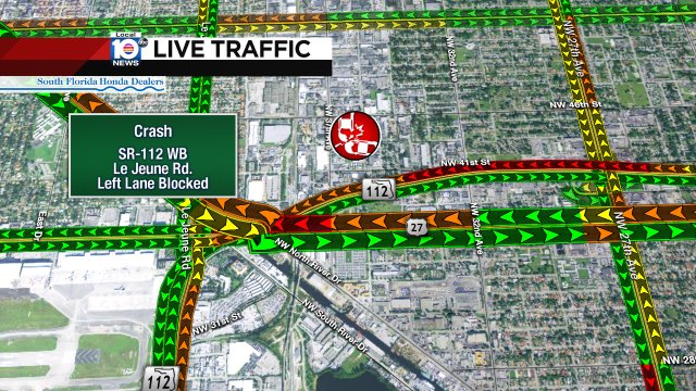 CRASH: SR-112 WB & Le Jeune Rd. A left lane is blocked. Delays stretch back to NW 17th Ave. #TRAFFIC #MIAMI https://t.co/OCVHuCJO6Z