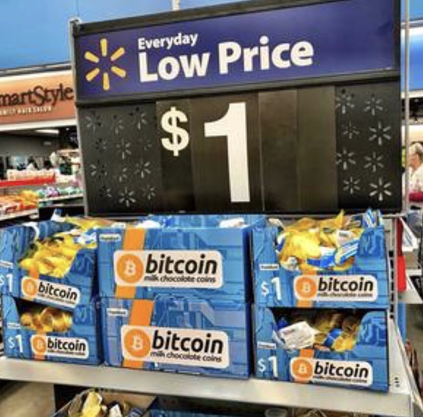 missnatoshi's tweet image. Walmart is selling bitcoin chocolates to normies for $1.