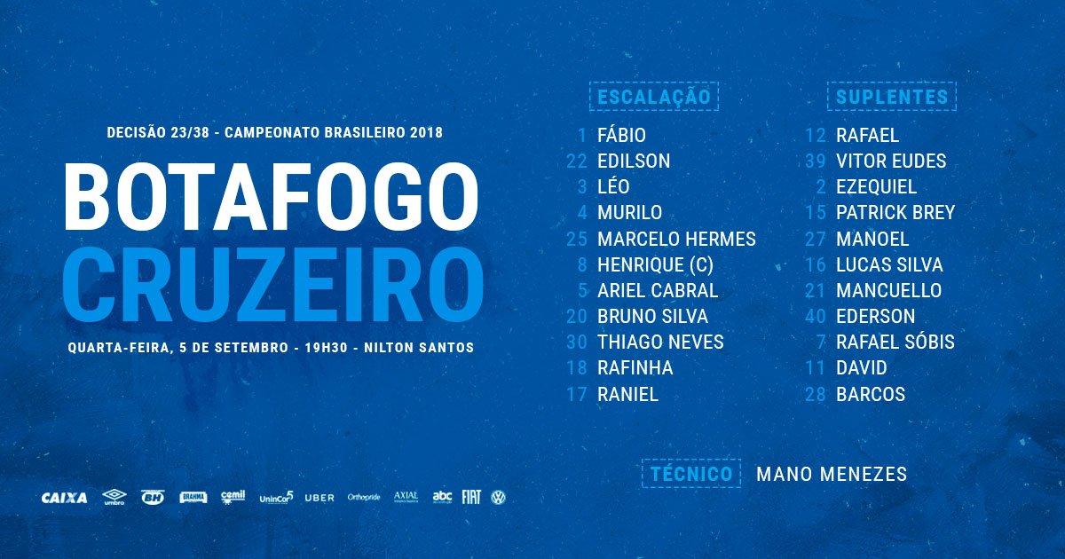 Veja a escalação do Cruzeiro para a partida contra o Botafogo