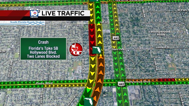 CRASH: Florida's Tpke SB & Hollywood Blvd. Two lanes are blocked and delays are building. #TRAFFIC https://t.co/ZpTXUhvHEb