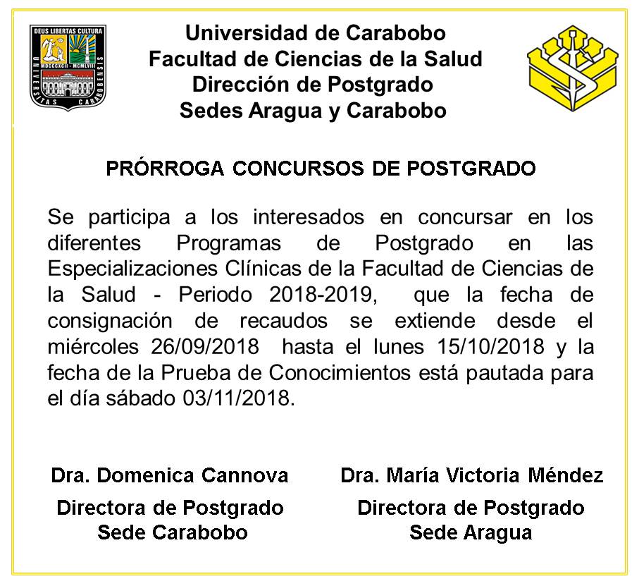 DTIC_FCS's tweet photo. Se participa a los interesados en concursar en los diferentes Programas de Postgrado de la FCS 2018-2019, que la fecha de consignación de recaudos se extiende desde el miércoles 26/09 hasta el lunes 15/10/2018 y la Prueba de Conocimientos está pautada para el día sábado 03/11/18. https://t.co/HhpITXc9aN