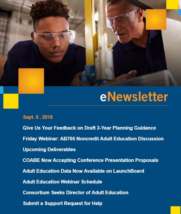 CalAdultEd's tweet photo. Give Feedback on 3-Year Planning Guidance, Friday Webinar: AB705 Noncredit #AdultEd Discussion &amp; #Webinar schedule, Upcoming Deliverables, @COABEHQ Conference, #AdultEducation #Data is on LaunchBoard &amp; more in this week's #CalAdultEd e-Newsletter https://t.co/E2VFBFjVls https://t.co/tmxcxZkW3h
