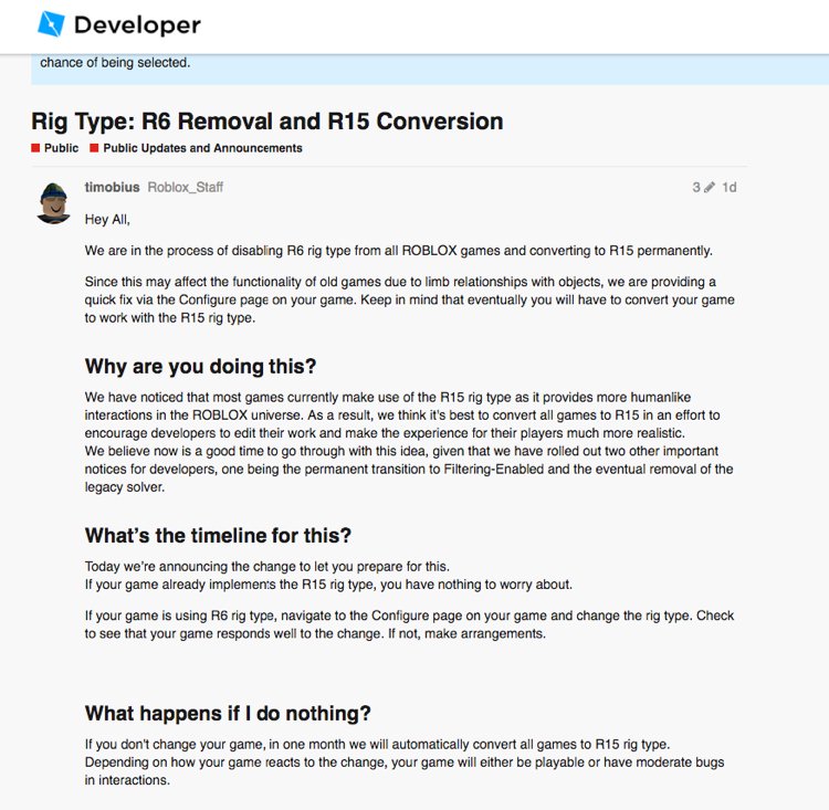 Bloxy News On Twitter Bloxynews Be Aware There Is A Robloxdev Forum Post Going Around About How R6 Is Going To Be Removed And Replaced With Just R15 This Is Fake - games that are r15 on roblox