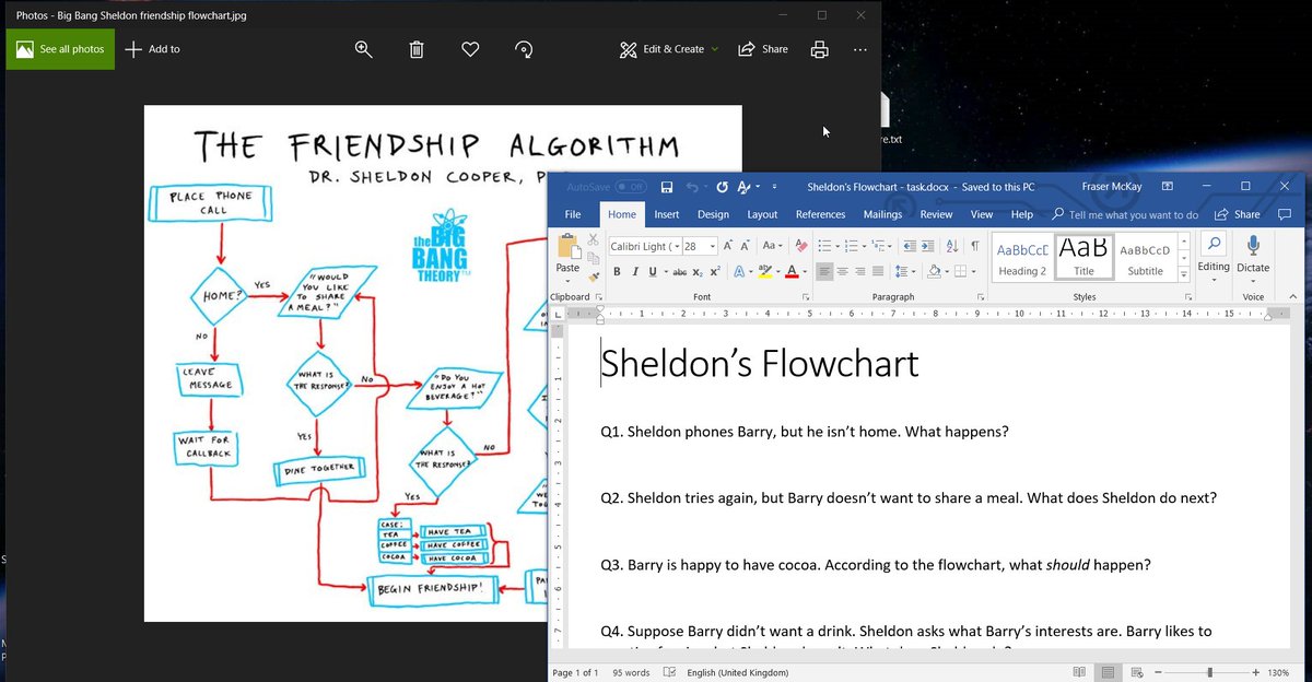 mrmckaycomp's tweet image. National 5 Computing Science doing flowcharts - using Sheldon's algorithm to find a friend #BigBangTheory #national5computing #flowcharts