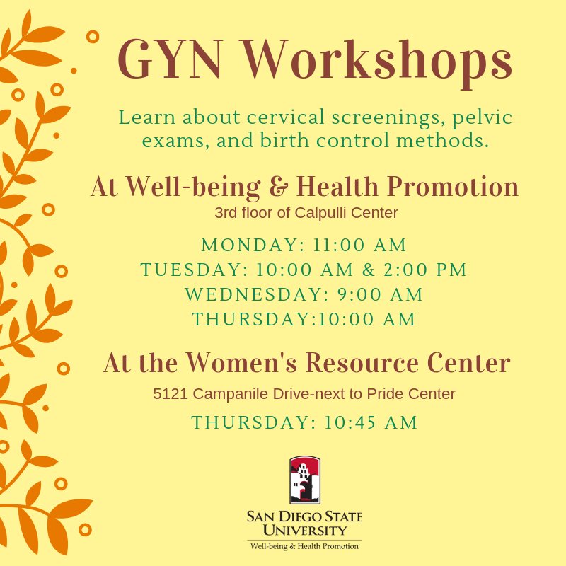 SDSUwellbeing's tweet photo. Stop by Well-being &amp; Health Promotion at the Calpulli Center to learn about cervical screenings, pelvic exams, and birth control options! #SDSU_Health #SDSU #LiveWellAztecs https://t.co/sJnAL5NT6z