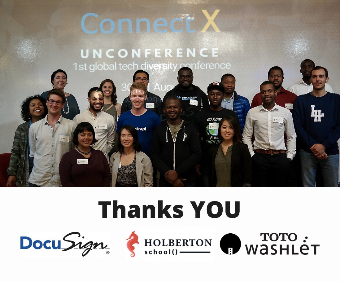 connectxglobal's tweet photo. Thank you and honors to our sponsors without whom the Unconference ConnectX would not have taken place. You deserve it!  @docusign @holbertonschool @TOTOWashletSF  #connectx18 #Diversity https://t.co/VrnfWkoJZd
