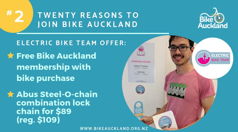 There are so many great reasons to be a Bike Auckland member – and here's #2. Join the ride and enjoy a bunch of benefits &amp; discounts from our friends at <a href="/ebiketeam/">Electric Bike Team</a> : bikeauckland.org.nz/support/join-o…

PLUS the first 100 who sign up or rejoin this month get a free T-shirt!👕🚲♥️