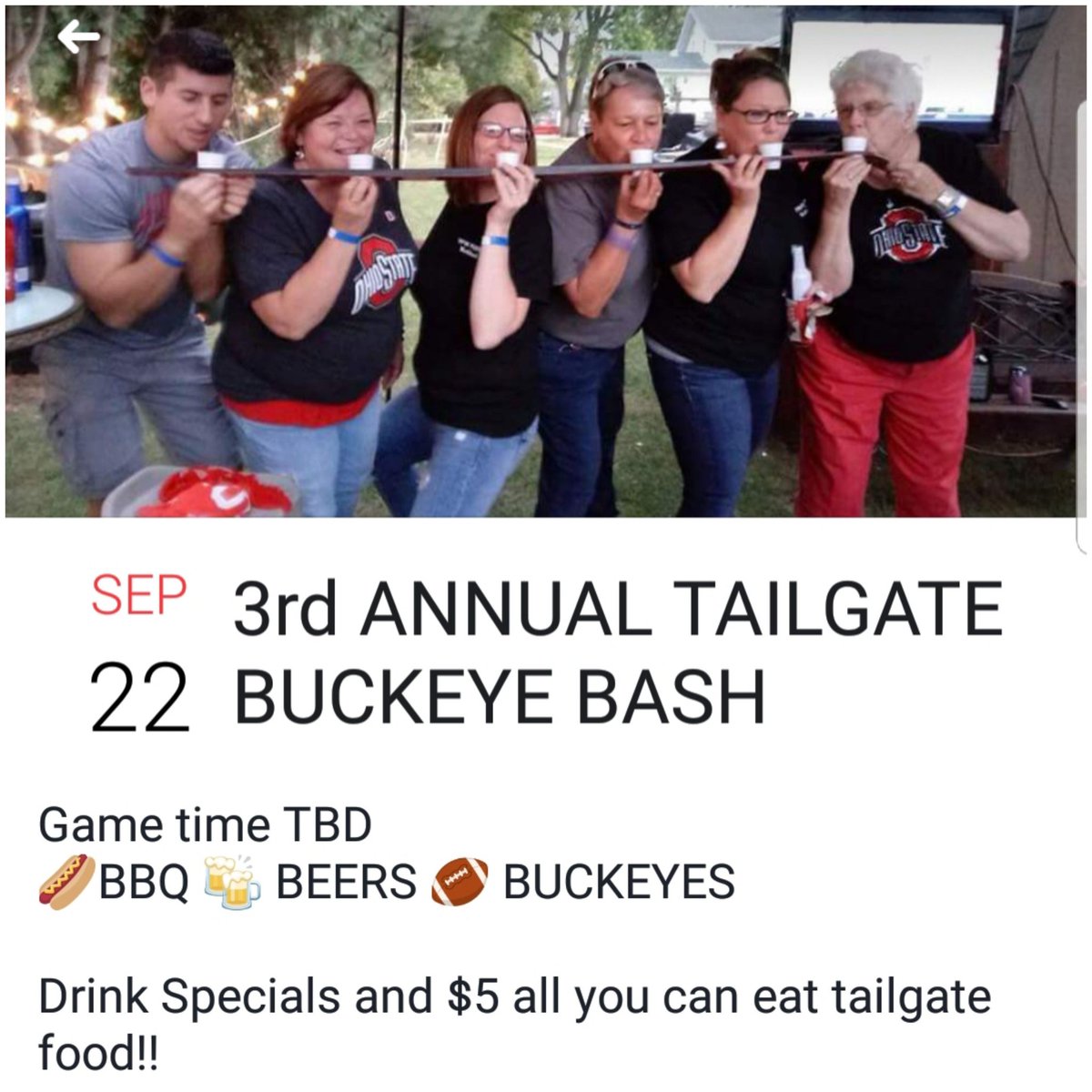 Come tailgate at our 3rd annual Buckeye Bash! We'll post a start time as soon as game time is announced!