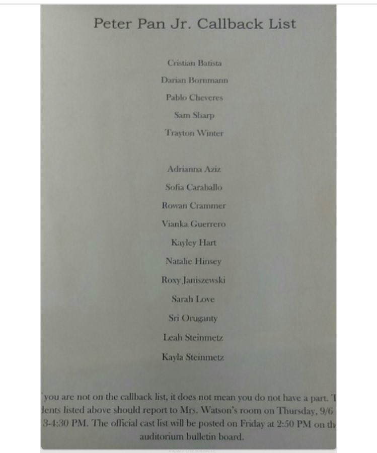 MMSMusical's tweet photo. The callback list is attached! The following people should report to Mrs. Watson's room from 3-4:30 tomorrow. If you're on the list &amp; want to practice the songs please go to Mrs. Watson's room during first period for a sectional. https://t.co/xN2b91r959