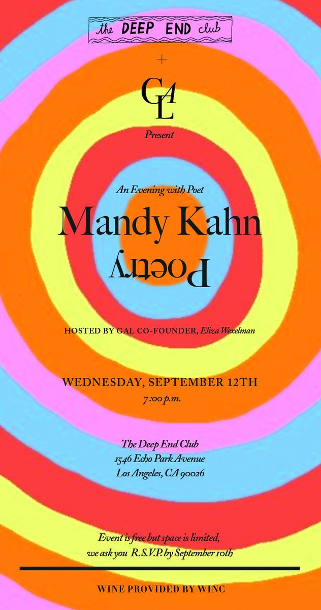 girlsatlibrary's tweet photo. #LA &amp; #NYC! Join us for an evening of #poetry with @mandykahn! On Wednesday, Sep. 12th in #losangeles @thedeependclub &amp; Sunday, Sep. 16th in #NewYorkCity at #hesperios in SOHO! Both #events 7-9pm! RSVP to desk@girlsatlibrary.com #peace #poets #mandykahn #savethedate #celebrate https://t.co/Zj1jTXA07s