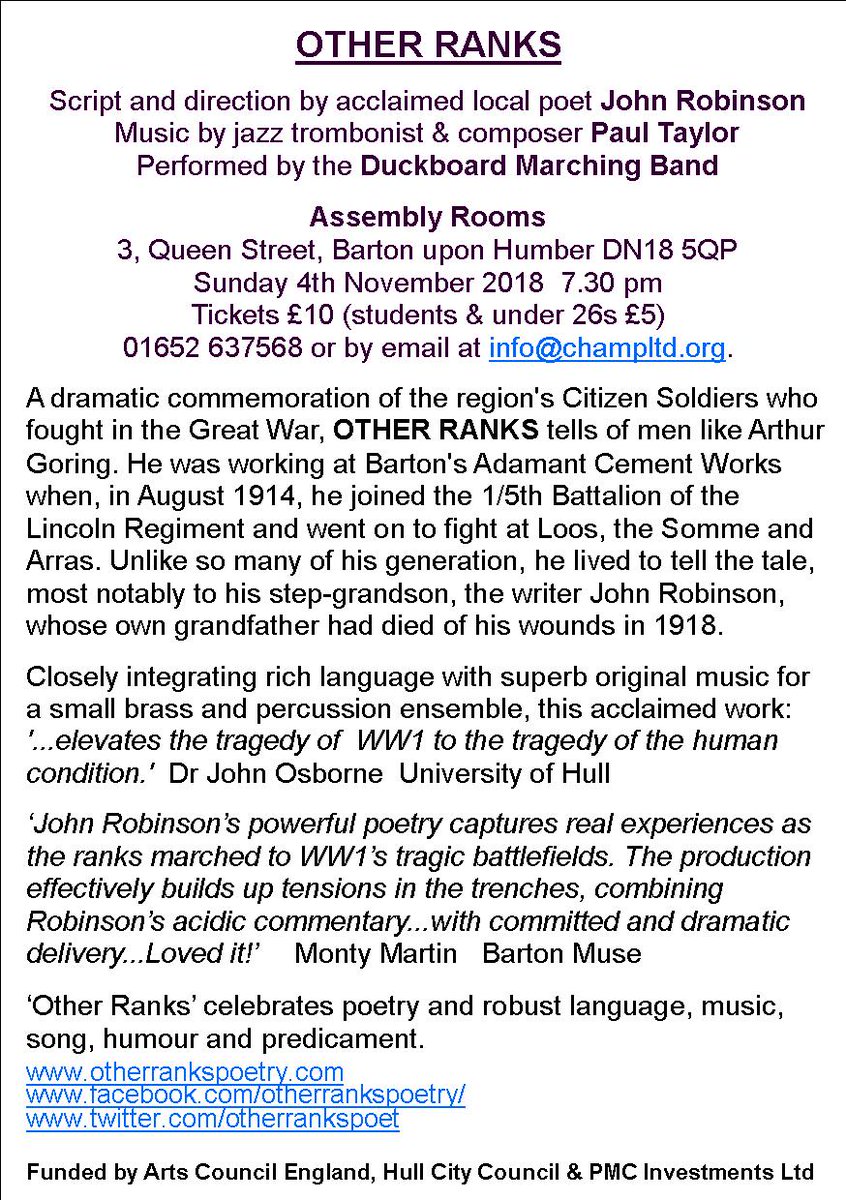 Two November 2018 performances of OTHER RANKS to commemorate the centenary. Nov 4th., Assembly Rooms, Barton upon Humber. Nov 14th., <a href="/HullTruck/">Hull Truck Theatre</a>
