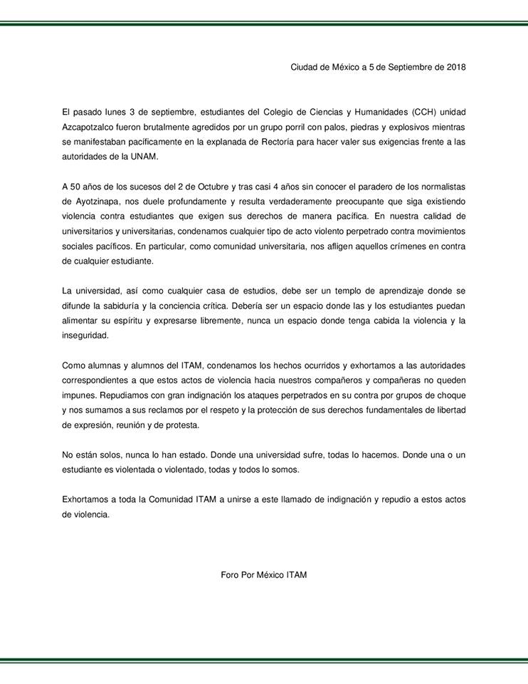 No están solos, nunca lo han estado. Donde una universidad sufre, todas lo hacemos. Donde una o un estudiante es violentada o violentado, todas y todos lo somos.
#UNAMSinViolencia