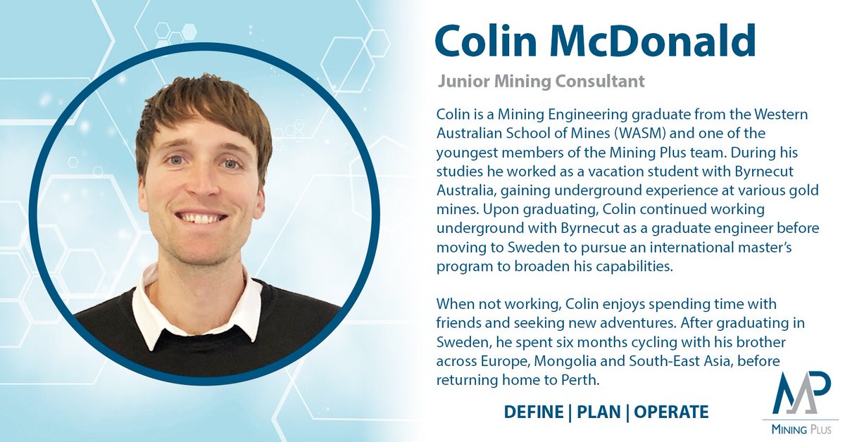 MiningPlus_'s tweet image. Say hello to and meet Colin McDonald - Junior Mining Consultant, who has recently joined the Mining Plus team of experts based in our Perth office. Colin has gained underground mining experience at various gold mines with Byrnecut Australia.