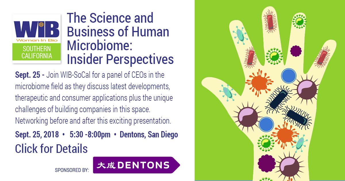 Great CEO-panel to discuss what's happening in the human #microbiome space.  Join <a href="/WomenInBIOSoCal/">Women In Bio-San Diego</a> for an informative evening and fantastic networking. Register at: bit.ly/2wyq3FD
 #womeninbiosocal #womeninstem #biotech #lifescience