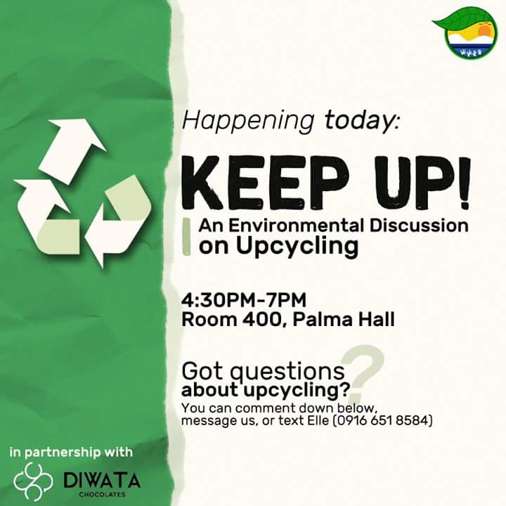 UPGreenLeague's tweet photo. Happening today: Keep Up!: An Environmental Discussion on Upcycling
Learn upcycling and why it's important from expert upcyclers! See you later at 4:30PM, Room 400, Palma Hall.
This is an STS-accredited and ACLE-accredited event.
Entrance is free! See you there!
#UPGLKeepUp https://t.co/YCVjhotKnO
