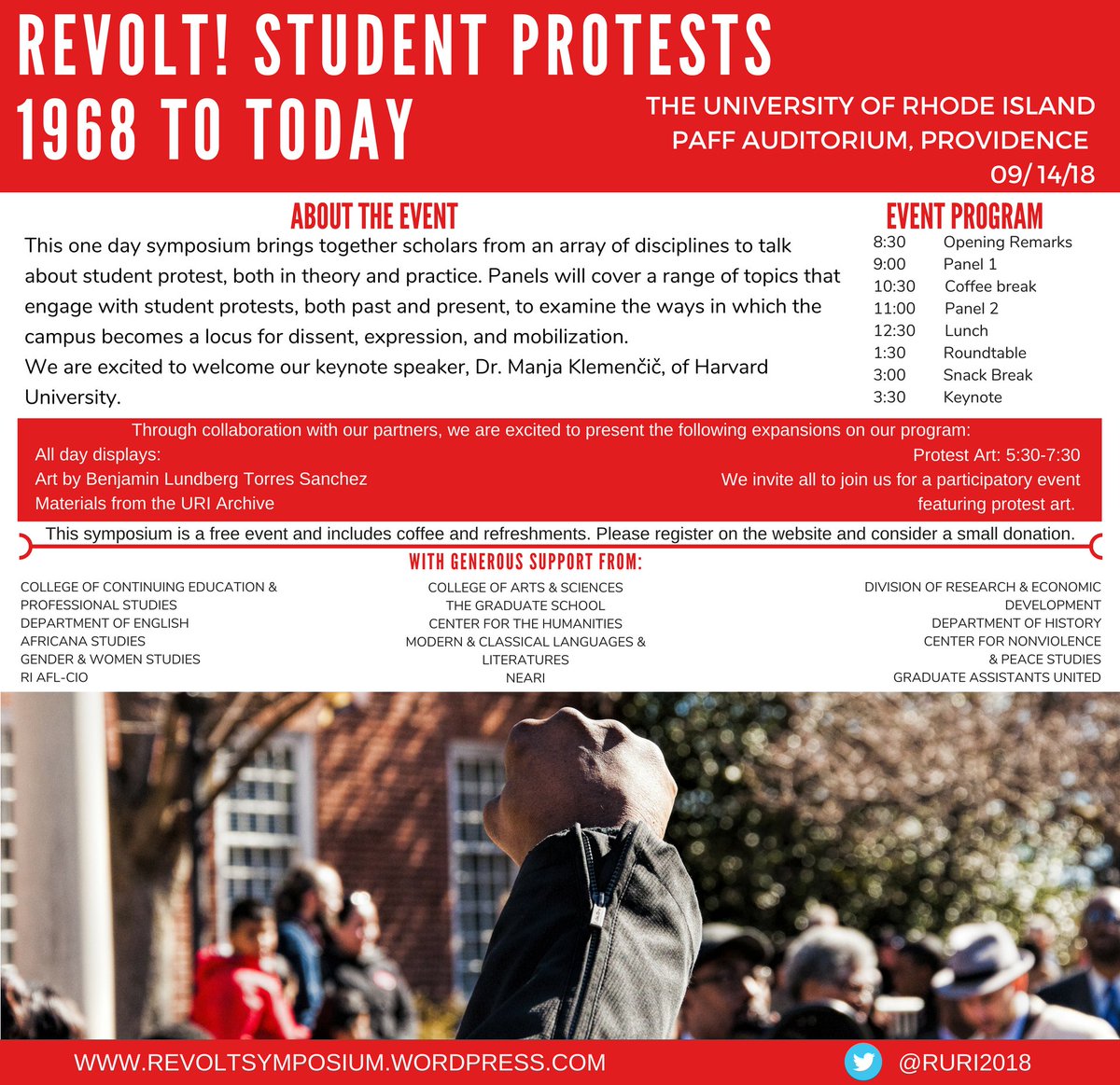 RUri2018's tweet photo. A little over a week until the Revolt! symposium in #Providence RI #studentprotest #protest #symposium #humanitiessymposium #activism #studentactivism #literature #litconference #union #unions #providenceevent #uri #uriprovidence #paff https://t.co/28FIHHBJsg