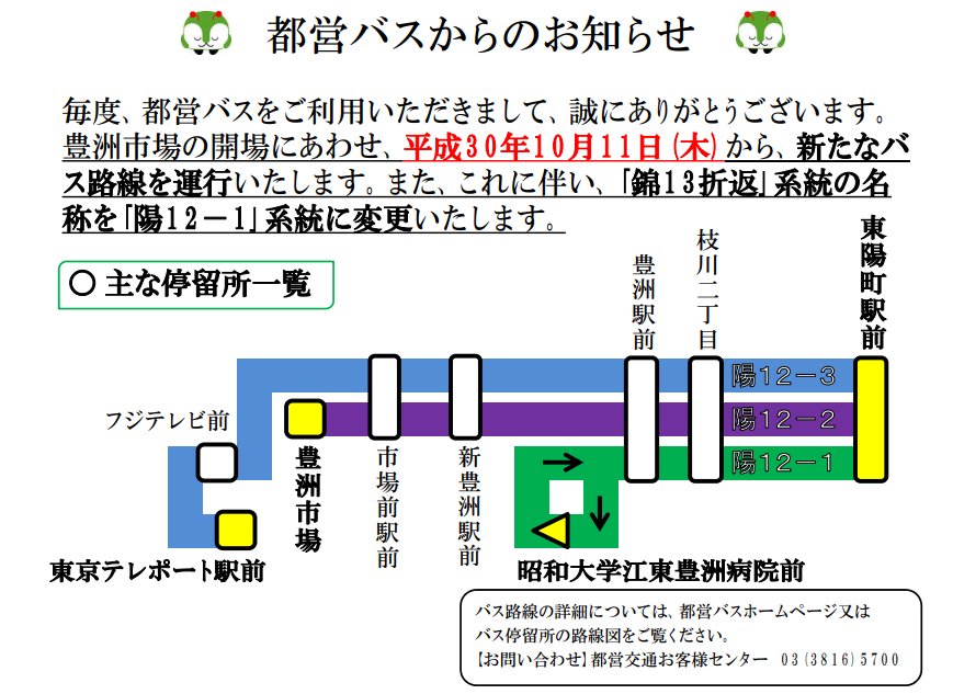 Plせつな ドワ 錦13折返 陽12 に変更 東陽町駅発着で以下の3系統に 陽12 1 昭和大学と陽病院 従来の系統 陽12 2 豊洲市場 朝のみ水産仲卸棟経由 夜や市場休日は市場前駅止まり 陽12 3 東京テレポート駅 土曜休日のみ 豊洲以遠は時間2本程度 Plせつな ドワ 錦13折返 陽12 に変更 東陽町駅発着で以下の3系統に 陽12 1 昭和大学と陽病院 従来の系統 陽12 2 豊洲市場 朝のみ水産仲卸棟経由 夜や市場休日は市場前駅止まり 陽12 3 東京テレポート駅 土曜休日のみ 豊洲以遠は時間2本程度