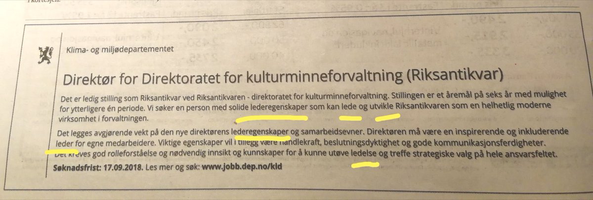 Ikke så mye fagkunnskap, men VELDIG mye ledelseskompetanse? Da er stillingsutlysningen som ny Riksantikvar skrevet nettopp for deg: