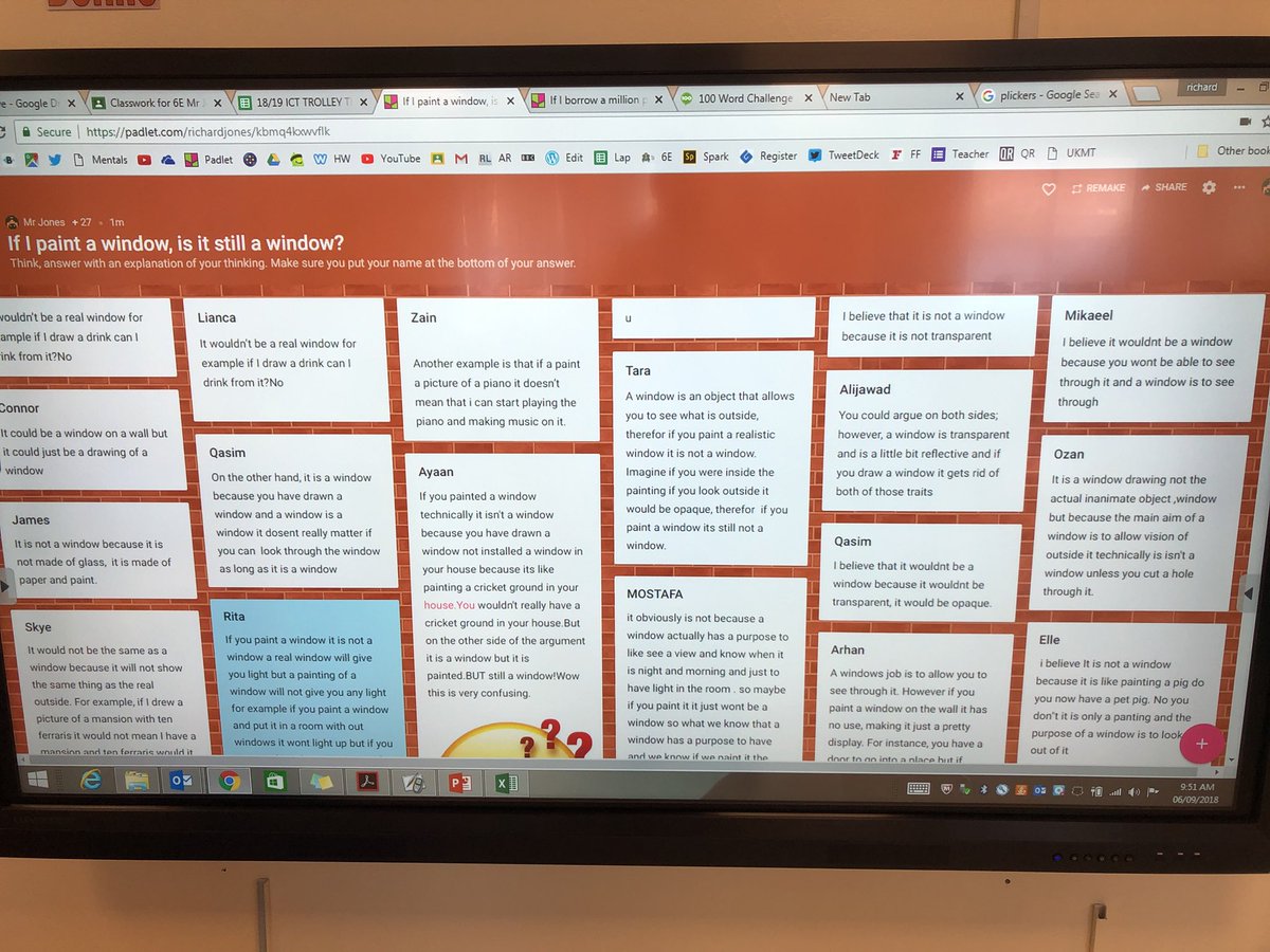 JPS_Year6's tweet photo. Thinking skills in 6E today, looking for pupils to explain and justify their answers. βIf I paint a window, is it a window?β Using @padlet to record our answers together. #JPSownit #JPS6E #JPSyear6 https://t.co/FzYbV6ALlX