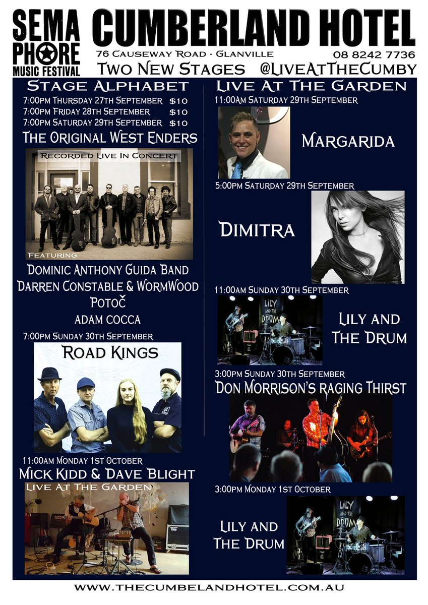Cumberland Hotel - The Cumby (@liveatthecumby) on Twitter photo Here is our <a href="/SemaphoreMusicF/">Semaphore Music Festival</a> line-up @ourportadl in last week September with many #Blues artists <a href="/PublicityArba/">Adelaide Roots & Blues Association</a> and also <a href="/DimitraMusic/">Dimitra</a> with her Eclectic pop rock Here is our <a href="/SemaphoreMusicF/">Semaphore Music Festival</a> line-up @ourportadl in last week September with many #Blues artists <a href="/PublicityArba/">Adelaide Roots & Blues Association</a> and also <a href="/DimitraMusic/">Dimitra</a> with her Eclectic pop rock