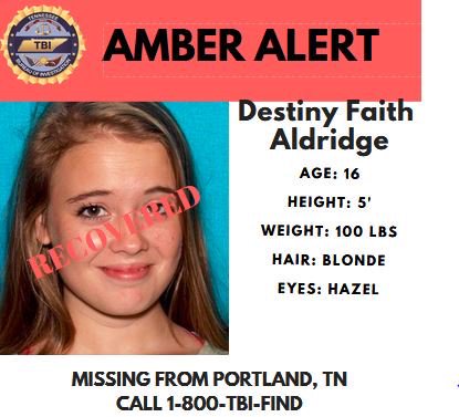 AMBER ALERT UPDATE: Destiny has been recovered in Portland, TN. 