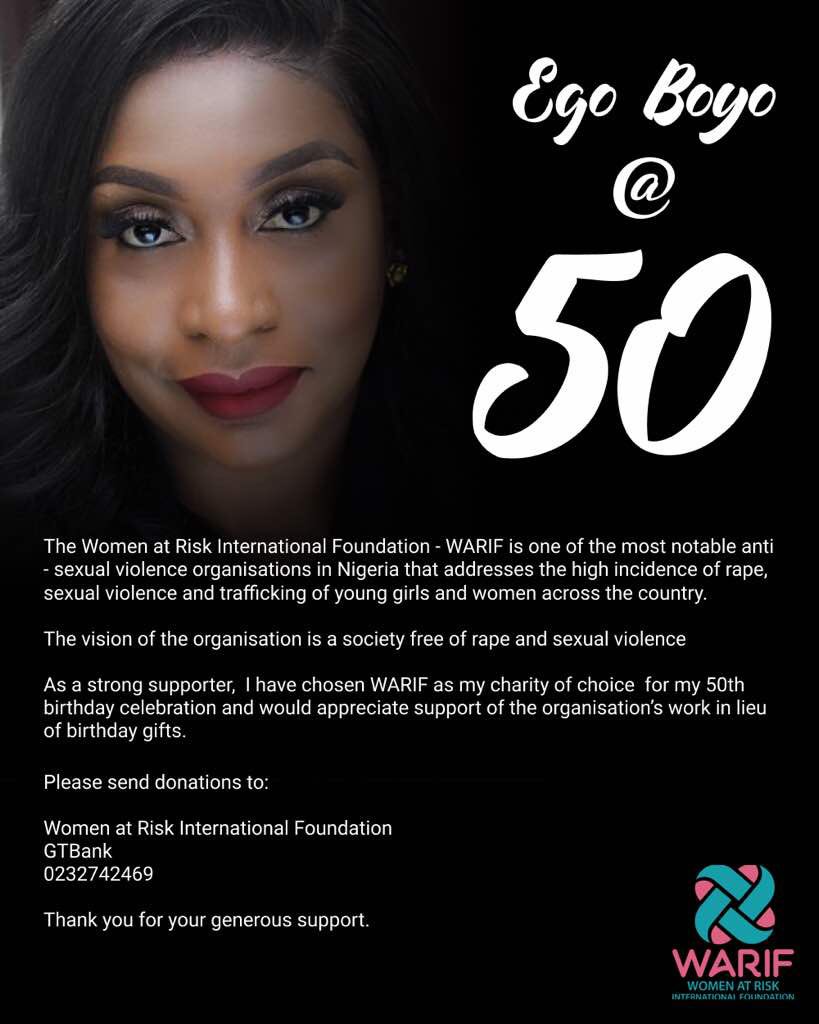 Today I turn 50 and I am so thankful and grateful to God for his goodness over mylife. I know I have been richly blessed and This year, in lieu of gifts, I am asking my friends, family, colleagues, associates, fans to kindly join me in supporting any one of these three charities.