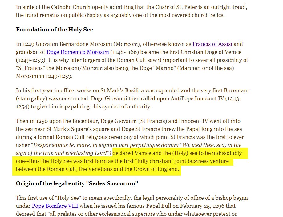 91) Frank contends that The Roman Cult, the Vipers of Venice, and the City of London (the Crown Corp) became permanently joined at the hip in 1250.A secret joint business venture was made with the Pope, Venice, and the City of London.We know it today as THE HOLY SEE