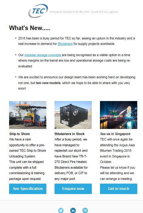 TECContainers's tweet photo. Our 2018 Newsletter is now out featuring: #Bitutainer stock update, a used Ship to Shore System available for resale and news on our latest developments! #bitumen #engineering #newsletter #BizNewsArticles 
https://t.co/7kimp3O0gH … https://t.co/pJ8g5VTp79