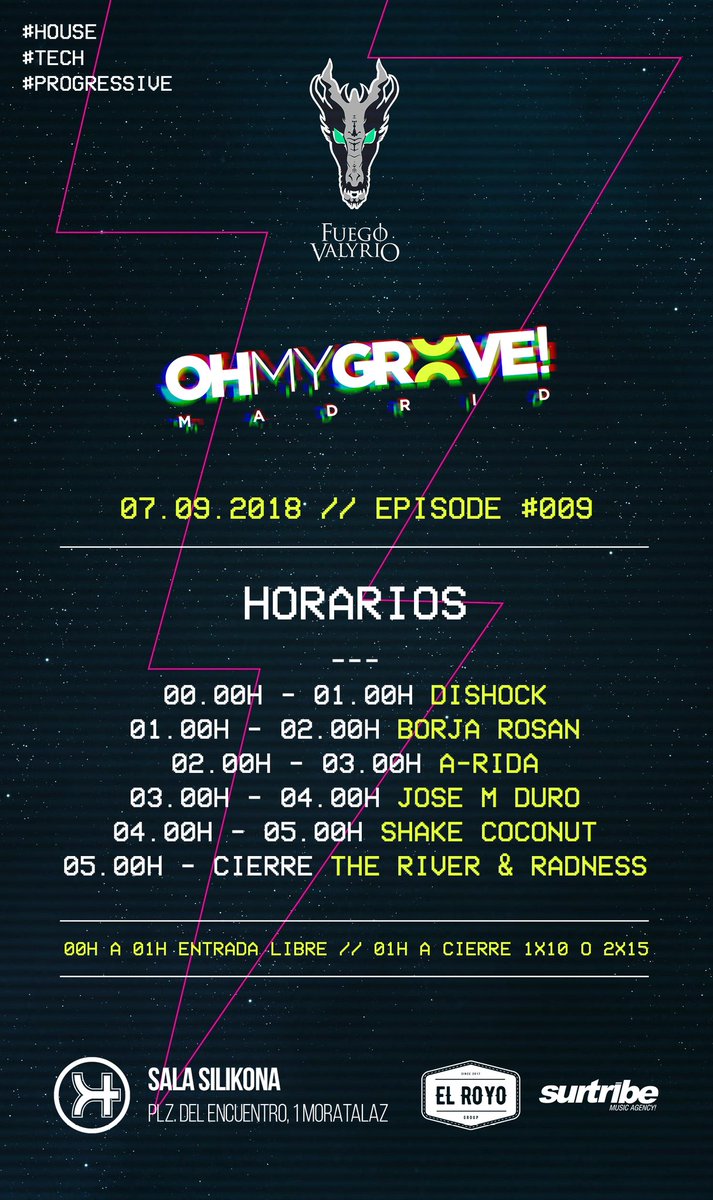 Estos son los horarios de nuestra novena edición de mañana en la <a href="/salasilikona/">SalaSilikona</a>

En cabina, <a href="/josemduro/">Jose M Duro</a> <a href="/TheRiverDj/">THE RIVER</a> &amp; <a href="/RADNESSmusic/">R A D N E S S</a> <a href="/DJAdrianCervera/">A-RIDA</a> <a href="/DishockOfficial/">🐰 𝗗𝗶𝘀𝗵𝗼𝗰𝗸</a> y, por supuesto, <a href="/BorjaRosan/">Borja Rosan</a> y <a href="/ShakeCoconutDjs/">SHAKE COCONUT</a>.

Colaboran <a href="/Fuegovalyrio_es/">Fuego Valyrio</a> y @surtribemusic