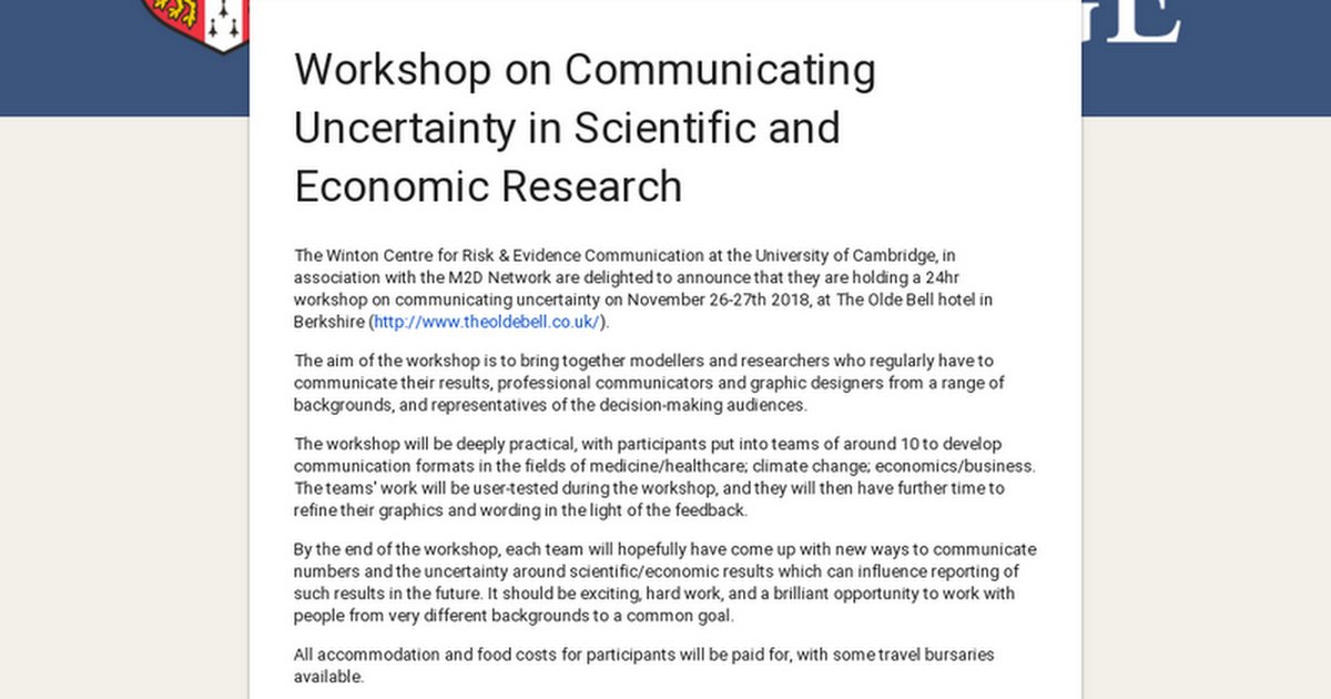d_spiegel's tweet image. Calling all modellers and statisticians in healthcare, economics and climate change. We’re holding a workshop on communicating uncertainty on 26th-27th November in Berkshire. Do come – you’ll get looked after well! Apply here: buff.ly/2LPqGzj