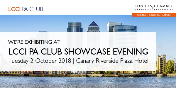 We're pleased to announce that we will be exhibiting <a href="/londonchamber/">London Chamber of Commerce and Industry</a> #LCCIpa Club Showcase. Join us on 2 Oct for an evening of networking and insightful workshops dedicated to #PAs and #EventBookers needs. Book your free ticket today: bit.ly/2LCFFO4