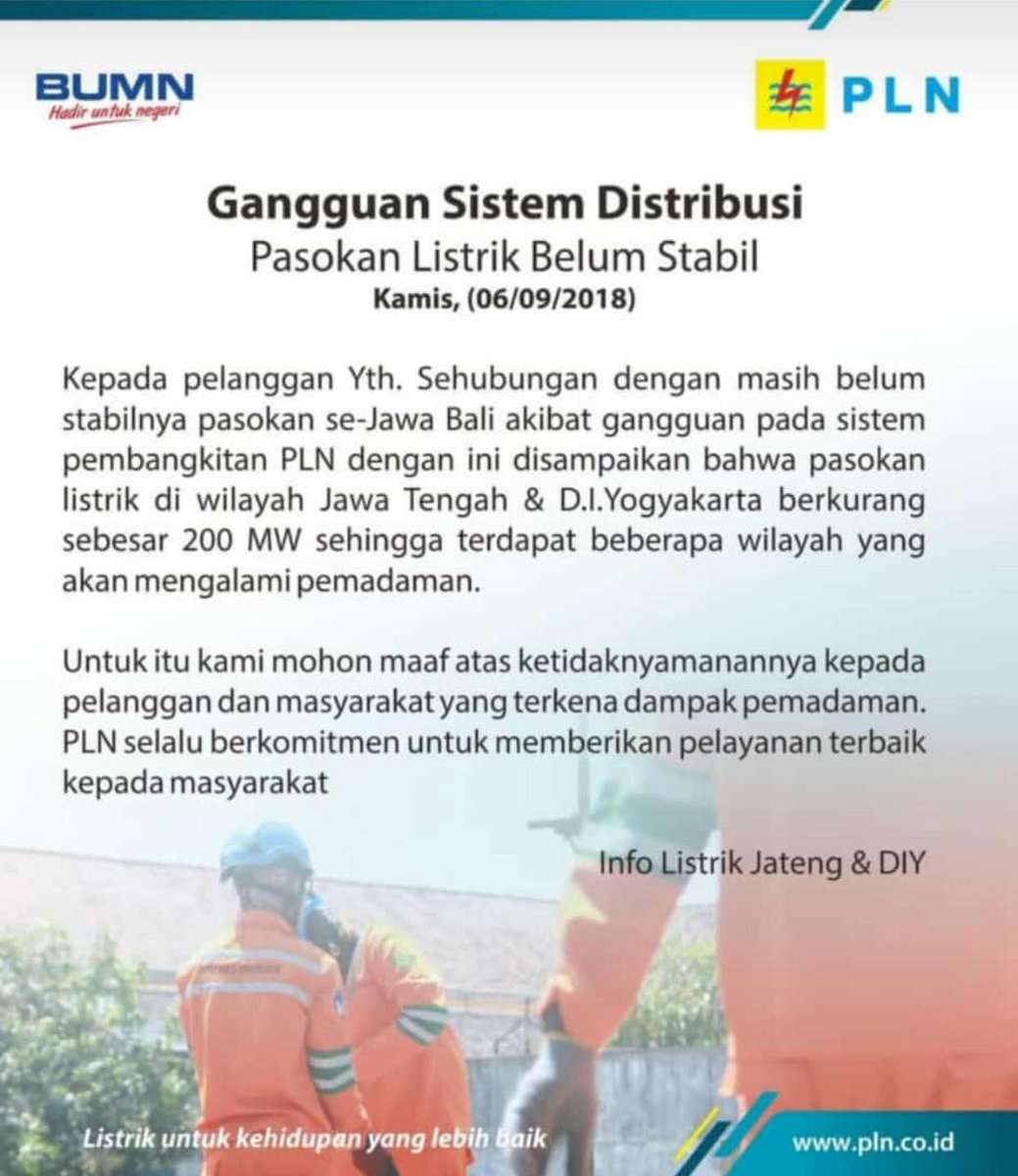 #infoPLN
Untuk wilayah Klaten yang merasakan padam, estimasi durasi maksimal -+120 menit.