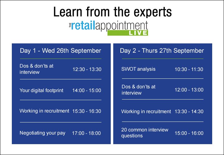 RetailAppt's tweet image. At The Retail Appointment Live event, a comprehensive seminar programme will be running for people who want to improve their skill sets, both in the workplace and in the job seeking process. 

Don’t miss out, register here: retailappointment.co.uk/live