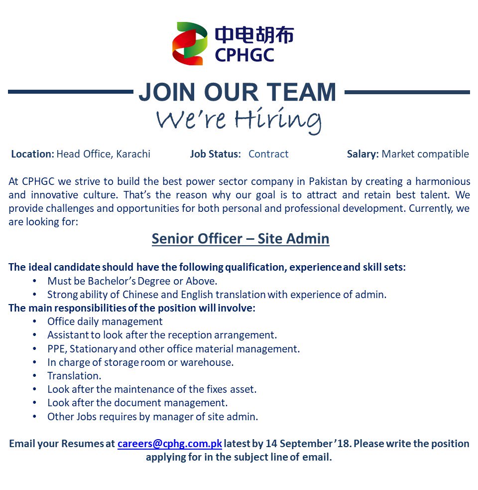ChinaPowerHub's tweet photo. #cphgc_is_hiring
#Senior_Officer_Site
#Officer #Front_Desk_Officer
#weareconstructingthefuture #lifeatcphgc #safetyfirst #cpec #spic #cpih #coal #1320MW #tallestchinmey #excellence #efficiency #environment #teamwork #powerstation #electricity #nihao #chinapakistandostizinda https://t.co/u8H43gLova