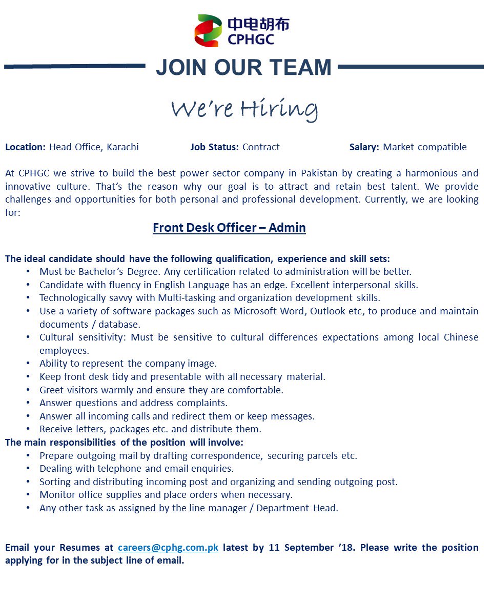ChinaPowerHub's tweet photo. #cphgc_is_hiring
#Senior_Officer_Site
#Officer #Front_Desk_Officer
#weareconstructingthefuture #lifeatcphgc #safetyfirst #cpec #spic #cpih #coal #1320MW #tallestchinmey #excellence #efficiency #environment #teamwork #powerstation #electricity #nihao #chinapakistandostizinda https://t.co/u8H43gLova