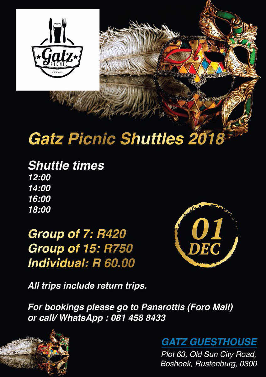 Gatz_Picnic's tweet photo. Gatz Picnic 2018 Shuttle Services.

There we go now transport isn't a problem...
Bookings can be made at Panarottis Tlhabane Foro Mall. Or just whats app the number on the poster.
Thank You Rustenburg. 

#LoveRustenburg
#LM18
01.12.18 https://t.co/hBwOfyBvPI