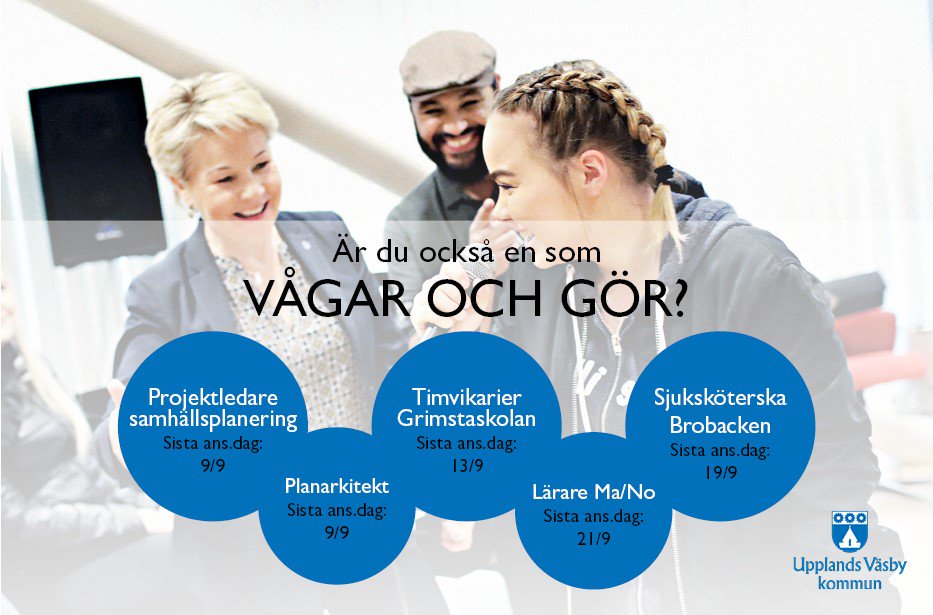 Sammanställning av några lediga jobb i kommunen just nu! Alla jobbannonser hittar du här: upplandsvasby.se/karriar