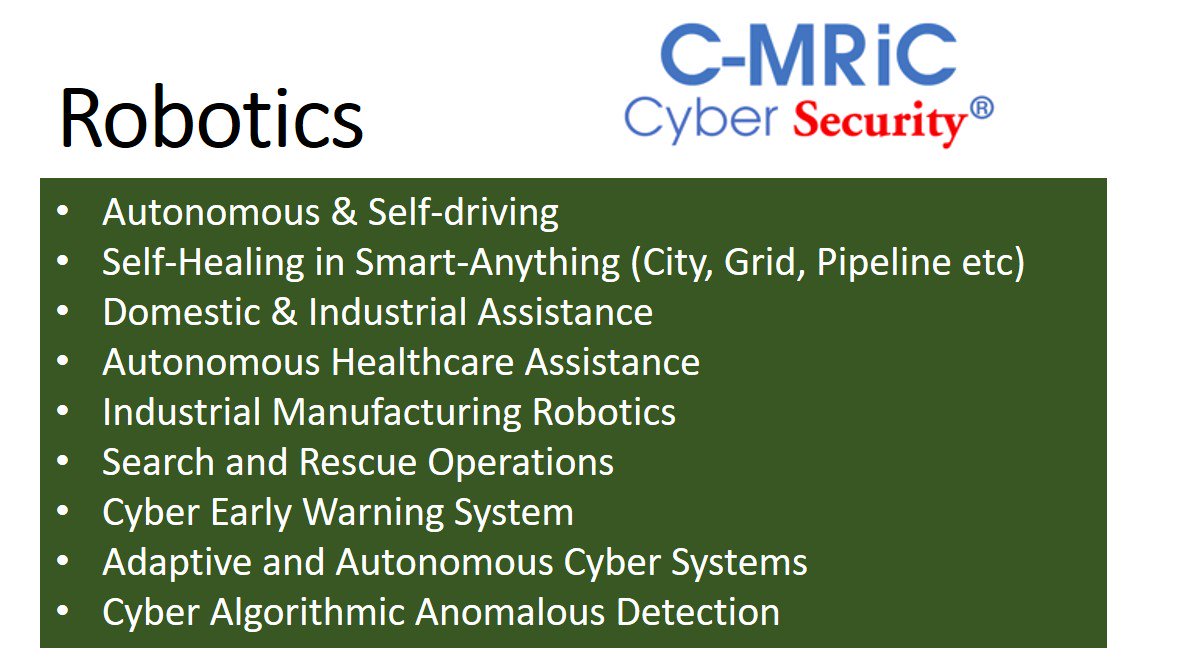 cmricorg's tweet photo. We're pleased to have included #Robotics to the #CyberSecurity2019 conference topics of interest.
https://t.co/mpGYE1EJE8
#Robotics #AdaptiveLearning #Supervised #EarlyWarningSystem #SmartAnything #SmartCities #SmartGrid #Autonomous #VANET https://t.co/iqv8HBEWVr