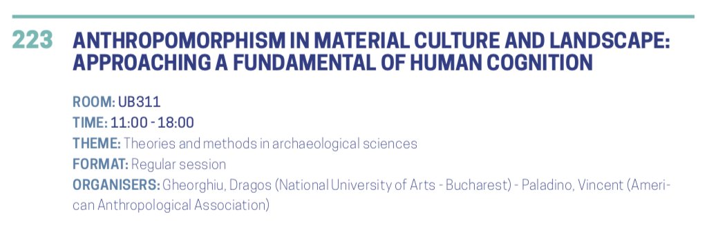 EAA2018's tweet image. Now starts #s223
ANTHROPOMORPHISM IN MATERIAL CULTURE AND LANDSCAPE: APPROACHING A FUNDAMENTAL OF HUMAN COGNITION 
#EAA2018