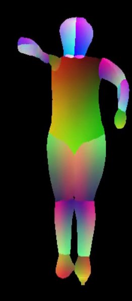 UV map image in the silhouette of a human with a purely red-green gradient upper body, and other body parts having a more bluish red-green gradient, with clear seams between the approximately 15 body parts.