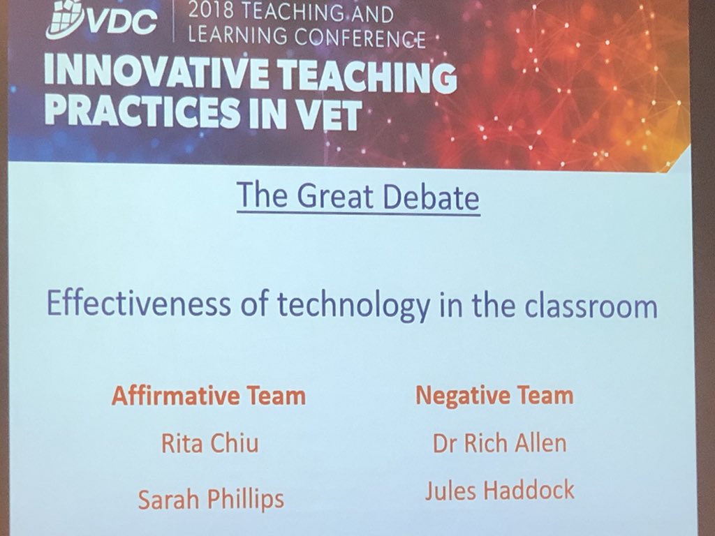 DebcarrDeb's tweet photo. Surprise result? Nay wins The Great Debate for effectivess of technology in the classroom! @DrRichAllen says ‘Tech Rex wrecks learning’, we cannot multitask! @ritachiu says tech saved her daughters learning self-confidence 🤔 maybe tech is teachers’ tool not viceversa #VDCTL18 https://t.co/tqzHwYIgwM