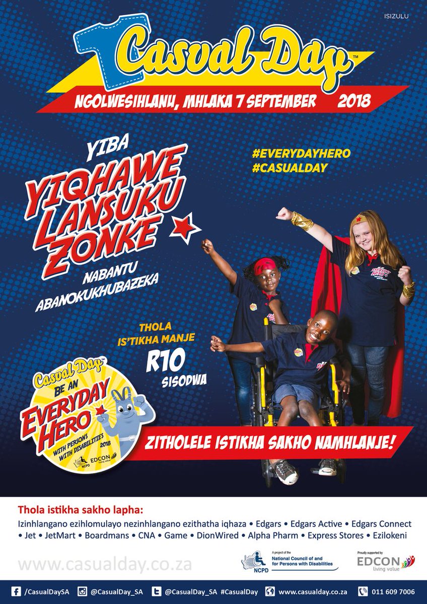 SABCDisability's tweet image. Tomorrow, Fri 7th September is Casual Day 2018.  Don't forget to buy your sticker and be an EVERYDAY HERO for People With Disabilities.  Let's spread the word on social media... @CasualDay_SA